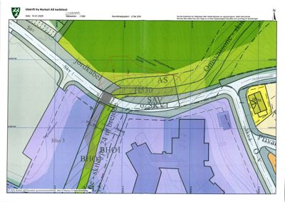 Situasjonsplan som viser tomtens beliggenhet i forhold til nabolag, veier (Sav, Jordalsveien) og arealbruksinndeling (grønt, blått, gult).