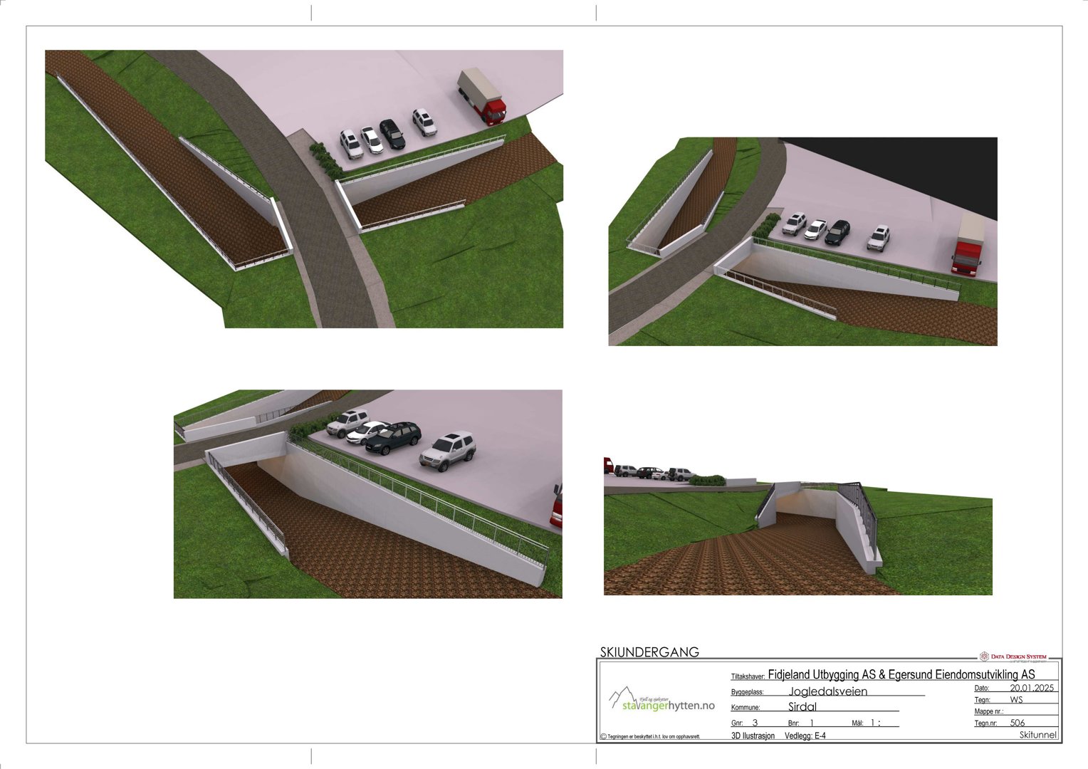 3D-visualisering av en skiløft (undergang) med parkeringsplass, biloppstillingsområder og tilhørende vegger og trapper.