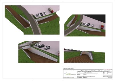 3D-visualisering av en skiløft (undergang) med parkeringsplass, biloppstillingsområder og tilhørende vegger og trapper.