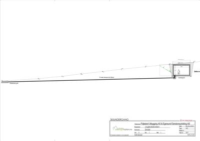 Snittegning som viser tverrsnitt gjennom en skiuergang med eksisterende grøft, støttemur og innvendig konstruksjon.
