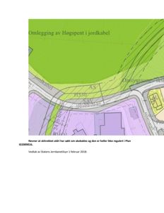 Situasjonsplan som viser en del av et område med veier (Jøgedalsveien, Høteliveien), eiendomsinndeling (H530, AS, SÅV) og reguleringer (grønnfarge for jordkabel, gul for omsynssone).