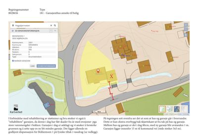 Situasjonsplan som viser eiendommen Bekkemoen 1, bygningens plassering i forhold til naboeiendom og vei, samt avstander til kommunal vei.