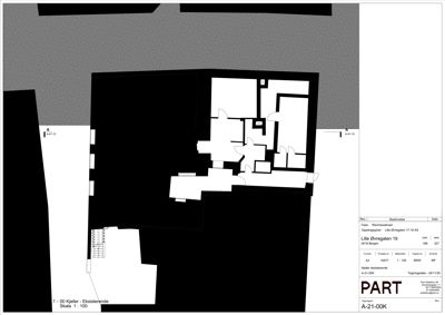 Etasjeplan (kjeller) med romfordeling og veggkonstruksjoner for eksisterende bygning.