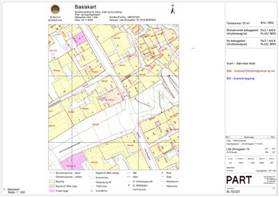Basiskart som viser eiendomsgrenser, bebyggelse, tomteareal og reguleringer for en tomt i Bergen.