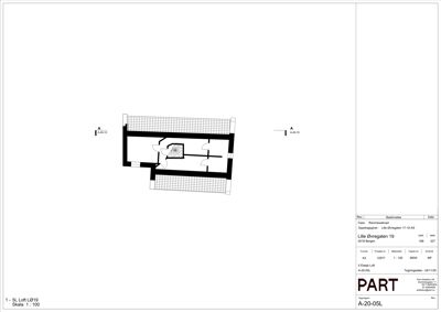 Etasjeplan for 5. etasje (Loft) i bygget 'Lille Øvregeten 19'. Planen viser romfordeling, trapp og vindusposisjonering.