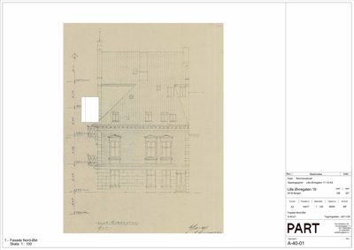 Fasadetegning (opprikk) av bygningen på Lille Øvre gate 19 sett fra nord-øst.