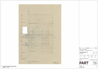 Fasadetegning av eksisterende bygning (Lille Øregaten 19) sett fra nord-øst.