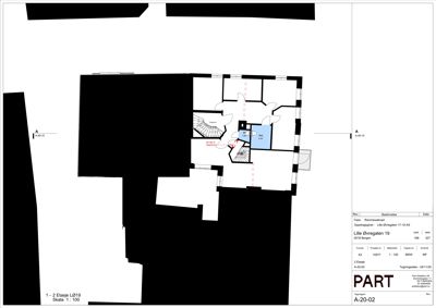 Etasjeplan (1.-2. etasje) for en bolig i Lille Øvregeten 19, med romfordeling, trapp og skisse over en mulig endring.