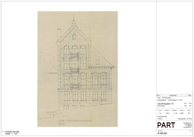 Fasadetegning (opprikk) av en bygning sett fra øst, med tegningsinformasjon i bunnen.