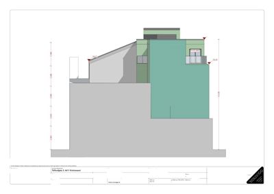 Fasadetegning (Nøret) av bygningen på Tollbodgata 3/5 med oppriss, høydemål og fargeindikasjoner for materialer.