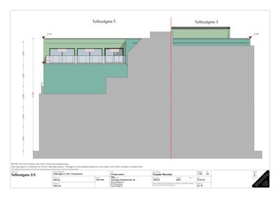 Fasadetegning som viser bygningens utseende sett fra nordvest (Tollbodgata 3/5), med høydemål og vindusoppsett.