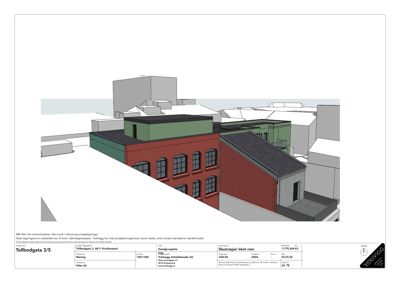 3D-visualisering (rendering) av bygninger sett fra en viss vinkel, sannsynligvis en illustrasjon for å vise fasade og volum.