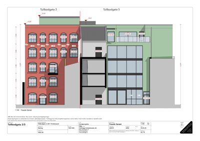 Fasadetegning som viser fronten på en bygning med romnummer, mål og detaljer.