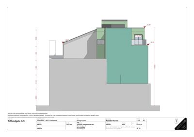 Fasadetegning (Nøret) av bygningen på Tollbodgata 3/5 med oppriss, høydemål og fargeindikasjoner for materialer.