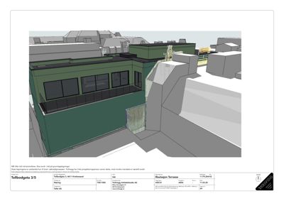 3D-visualisering (rendering) av en terrasse med omgivende bygninger og terreng.