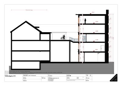 Snittegning (Snitt BB) som viser bygningens tverrsnitt, høyder, romfordeling og konstruksjon.