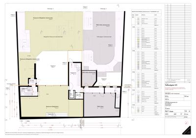 Etasjeplan (1. etasje) for Tøllbodgata 3/5, som viser romfordeling, arealer og konstruksjonstegninger.