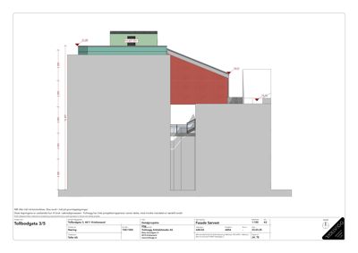 Fasadetegning som viser oppriss av bygningens yttervegg med høydemål og takform.