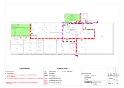 Etasjeplan (2. etasje) med romnummer, arealer og brannkonsept (ramning, utrykningsveier, brannklassifisering).