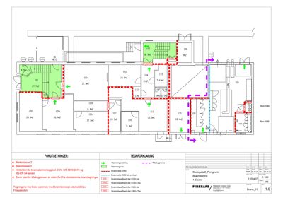 Etasjeplan (1. etasje) med romnummer, arealer og brannklassifiseringer.
