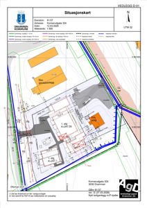 Situasjonskart som viser eiendomsgrunnlinjer, eksisterende og planlagt bebyggelse (boliger, garasje), samt vegnett i Drammen kommune.