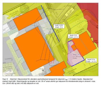 Situasjonsplan eller støysonetekning som viser bygningenes plassering i forhold til støysoner (gul og rød farge), støykjermers høyde og lengde, samt naboeiendommer og veier.