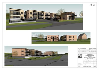 Bildet viser 3D-visualiseringer (perspektivtegninger) av et boligprosjekt med flere etasjer og parkeringsplasser.