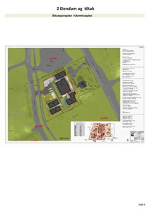 Situasjonsplan som viser eiendommen med bygningens plassering i forhold til gater og naboeiendommer.
