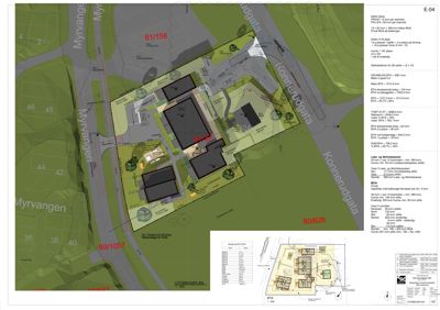 Situasjonsplan som viser tomtens grenser, naboeiendommer, veier og bygningers plassering.