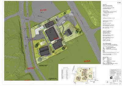 Situasjonsplan som viser tomtens plassering i forhold til nabolag, veier og bygninger.