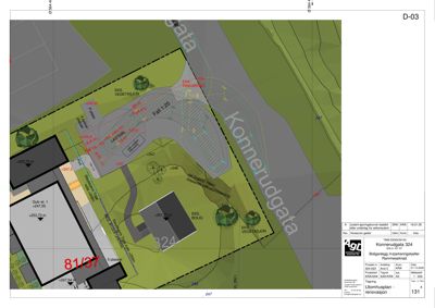 Situasjonsplan som viser bygningens plassering i forhold til gater (Konnerudgata, Gata), høydemål, eksisterende vegetasjon og parkeringsområder.