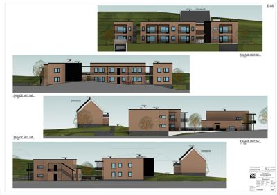Bildet viser en fasadetekning med fire utsnitt av en bygning sett fra ulike vinkler (NØ, N, SV, NV).