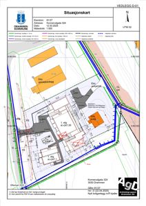 Situasjonskart som viser bygningens plassering i forhold til nabolag, vegger og tomtegrenser.