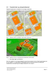 Situasjonsplan eller fasadeanalyse med utmerking av fasadenivåer og uteområder, inkludert 3D-visualisering av bygningene.