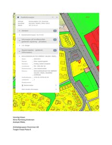 Bildet viser en situasjonsplan (tomtekart) med fargekoding for reguleringsplan, samt en detaljert informasjonsside med eiendomsdata og planstatus.