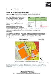 Situasjonsplan som viser tomtens regulerte byggegrense, eksisterende enebolig og foreslått plassering av støykjerm.