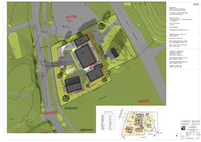 Situasjonsplan som viser tomtens grenser, nabotomter, veier og bygningers plassering.