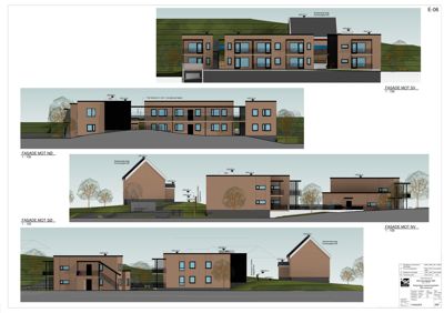 Bildet viser fasadetegninger for en bygning sett fra flere vinkler (NØ, SV, SØ, NV) med mål og detaljer.