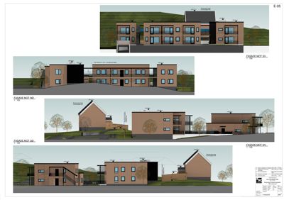 Bildet viser flere fasadetegninger av en bygning sett fra ulike vinkler (NØ, SV, SØ, NV).