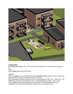 3D-visualisering av et bebyggelsesforslag med bygninger, balkonger og utemiljø.