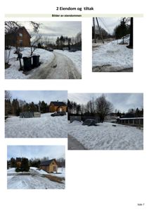 Fotografier av eiendom og omgivelser i snø, inkludert en hytte og en vei.