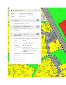 Kart med situasjonsplan og en pop-up-vindu med punktinformasjon om eiendom og reguleringsplan.