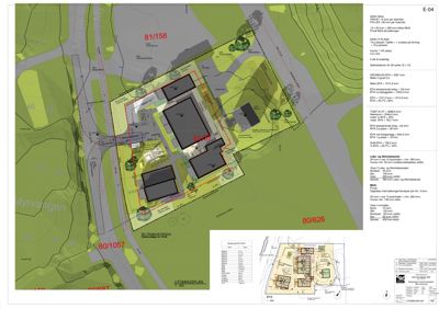 Situasjonsplan (UTOMHUSPLAN) som viser tomtens grenser, naboeiendommer, veier og plassering av bygningene.