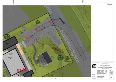 Situasjonsplan som viser bygningens plassering i forhold til gater (Konnerudgata), høydemål, og områder for vegetasjon og parkering.