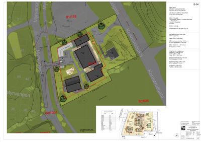 Situasjonsplan som viser tomtens grenser, nabotomter, veier og bygningers plassering.