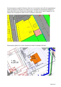 Situasjonsplan som viser tomtens arealdel, byggegrenser, eksisterende enebolig, støysskjerm og dispensasjon for uteoppholdsareal.