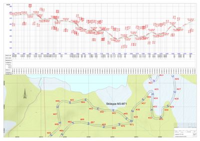 Situasjonsplan som viser terrengform, vannmasser og en planlagt vei med stigningsprosent (M41-M71) i et skogområde.