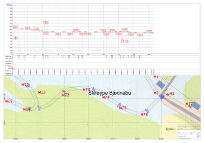Situasjonsplan som viser tomtens beliggenhet i forhold til nabolag, veier og terrengforhold. Planen inkluderer også en profilering (HØH) av terrenget langs en av grensene.