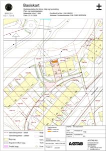 Situasjonsplan (basiskart) som viser eiendomsgrenser, bygninger, reguleringsområder og infrastruktur for et område i Bergen.