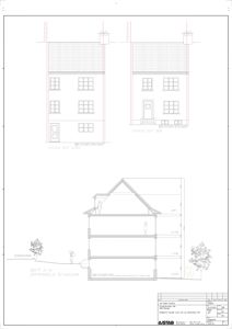 Bildet viser fasadetegninger for en bygning (mot nord og sør) samt et snitt (A-A) som viser opprinnelig situasjon.